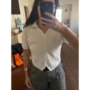 Laura Scott small white collared polo short sleeve sweater shirt tapered waist 9